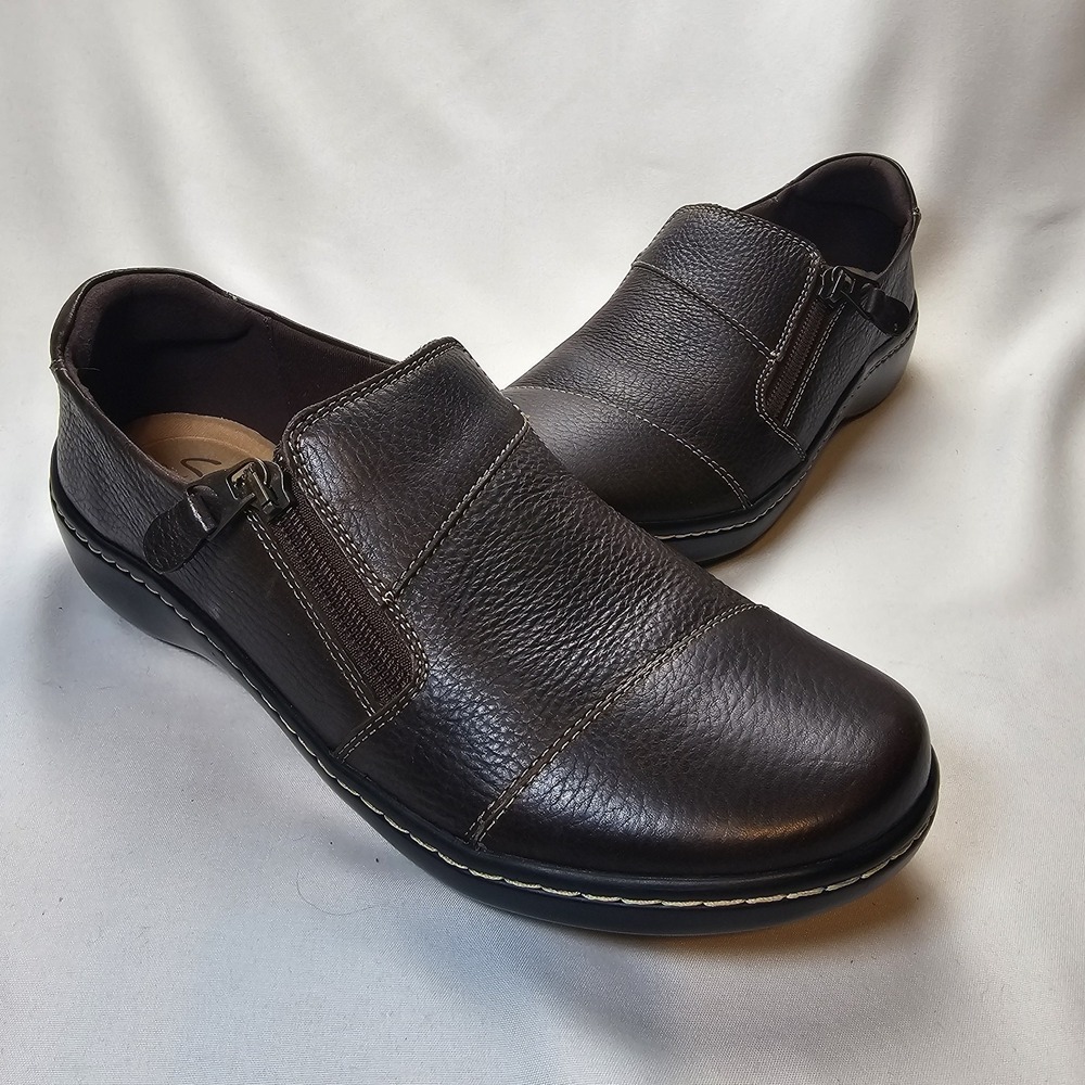 Clarks Cora Harbor Women's Brown Leather Slip‎ On Shoes Side Zip Comfort Loafers